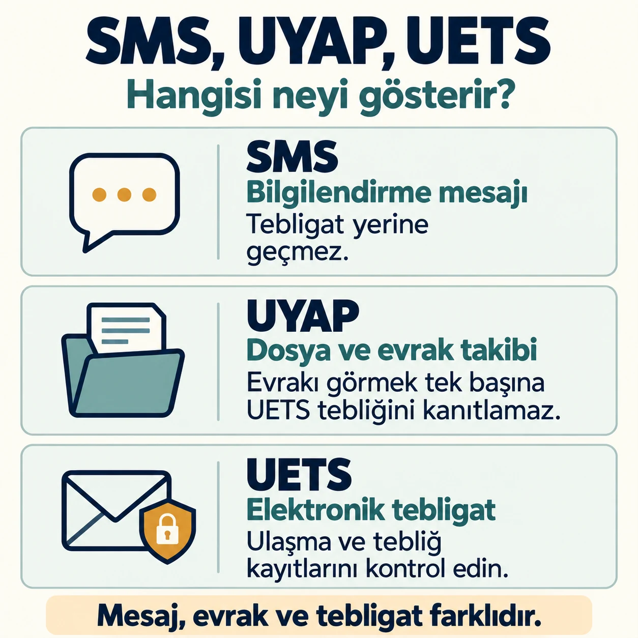 SMS bilgilendirme mesajıdır; UYAP dosya ve evrak takibi sağlar. Evrakı görmek tek başına UETS tebliğini kanıtlamaz; UETS ulaşma ve tebliğ kayıtları kontrol edilir.